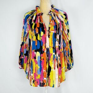 New York & Company Blouse Womens Size M Multicolor Long Sleeves Ruffle Neck